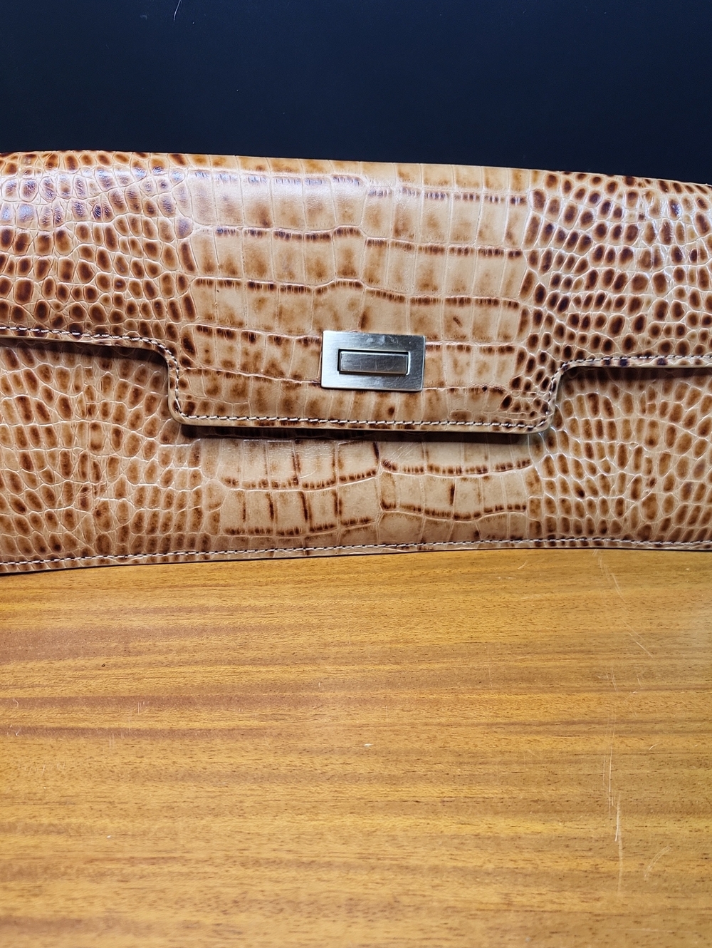 ANTONIO MELANI Croc-Embossed Brown Tan Clutch with Metal Turn-Lock